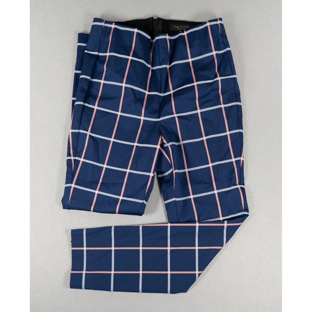 Rag & Bone Womens Simone Slim Fit Windowpane Plaid Pants Navy Blue 8 New